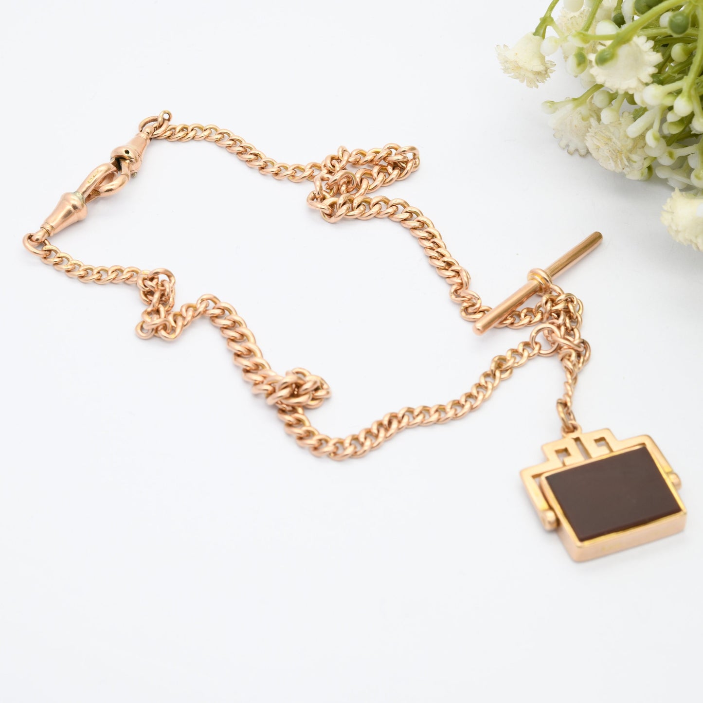 Antique 9ct Gold Necklace Double Albert Watch Chain with Spinning Carnelian Fob