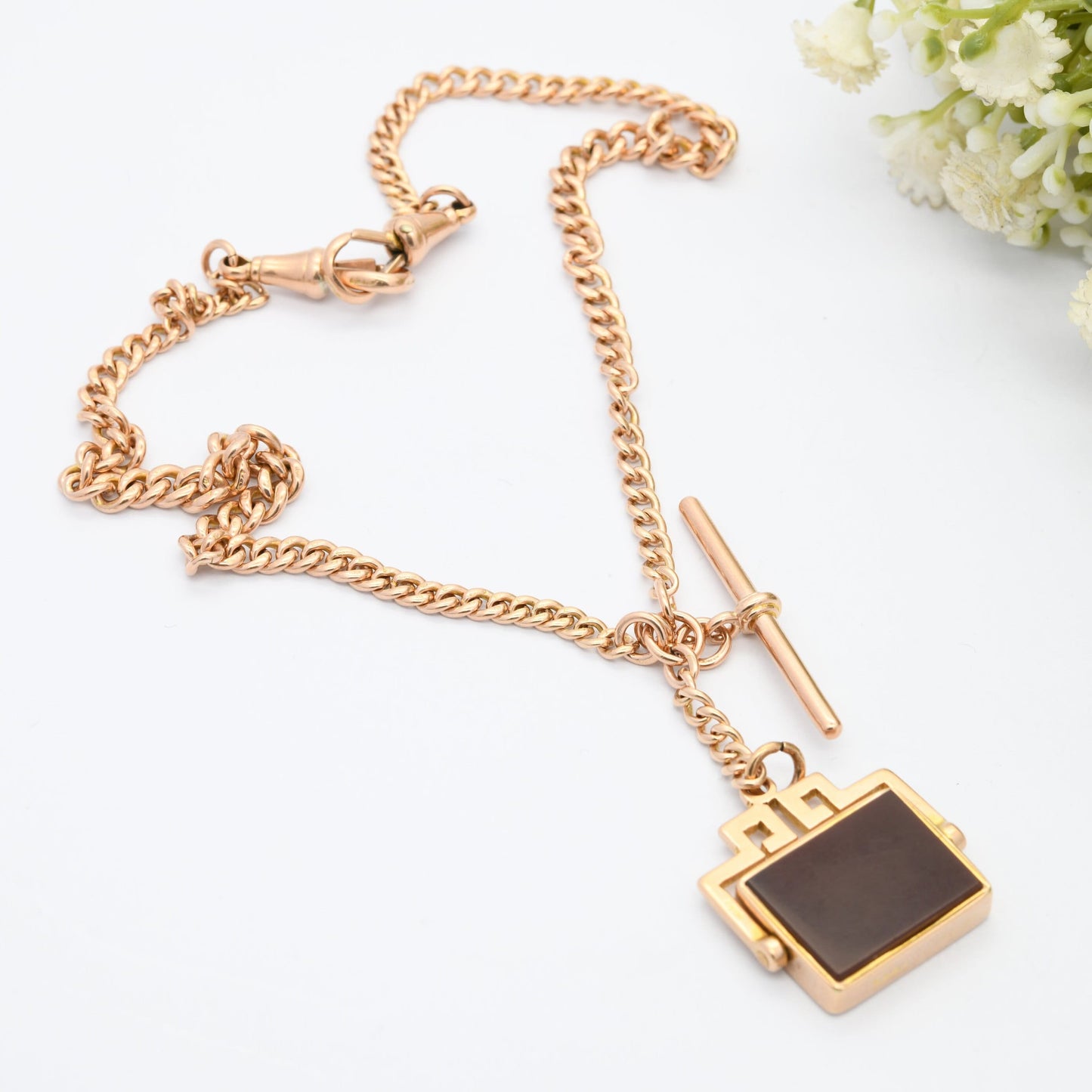 Antique 9ct Gold Necklace Double Albert Watch Chain with Spinning Carnelian Fob