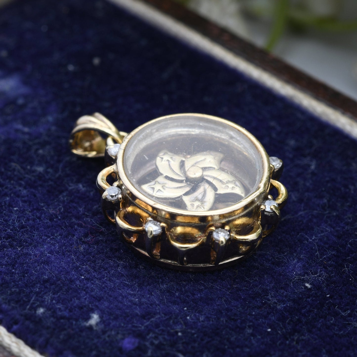 Vintage 9ct Gold Diamond Pendant with Star Spinner in Glass Mount - Star Wheel Fob Pendant