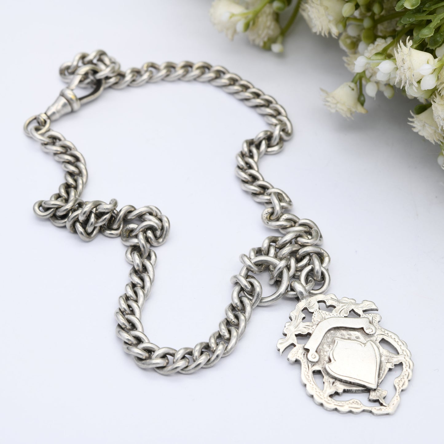 Antique Sterling Silver Double Albert Chain with Watch Fob & Dog Clip 1915