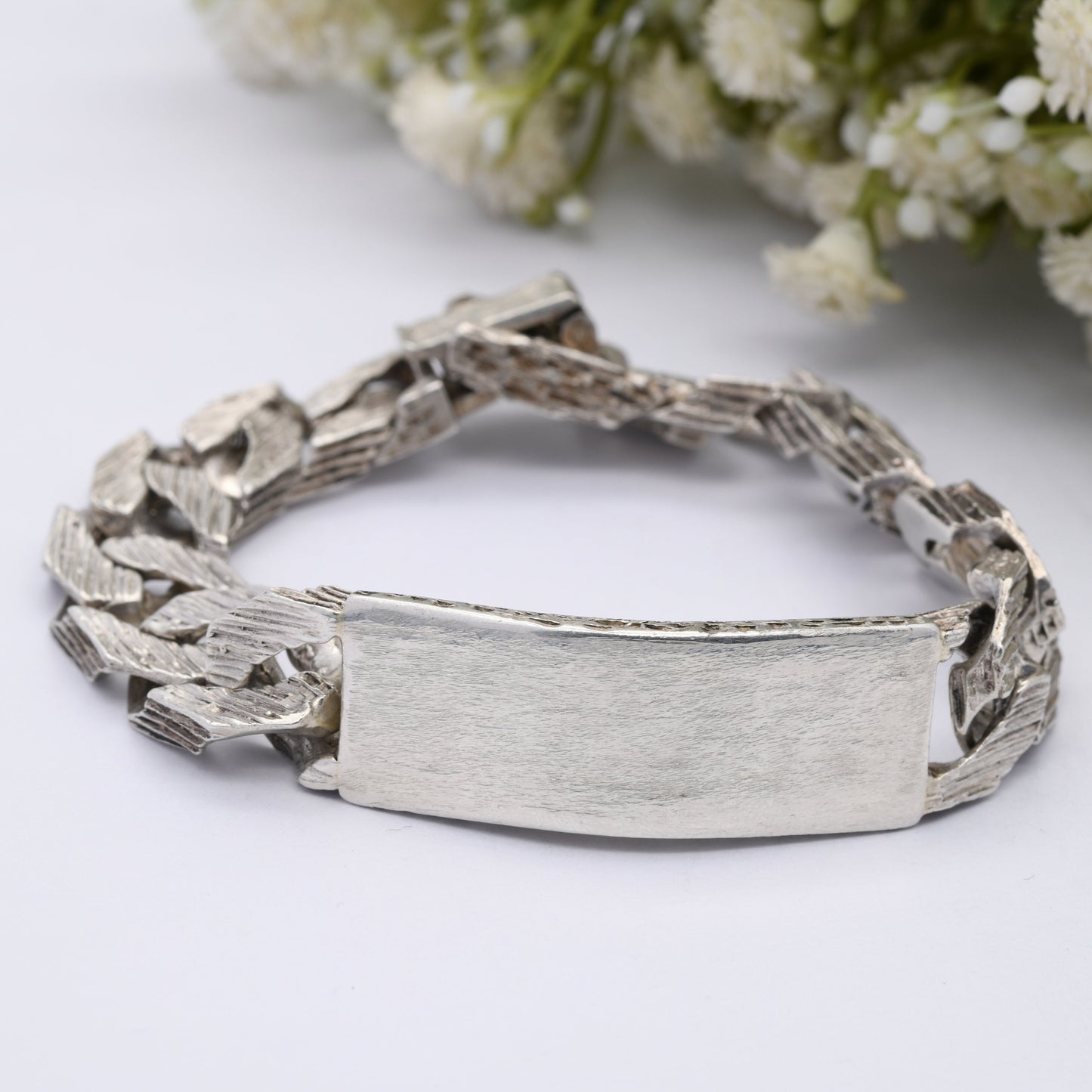 Chunky Sterling Silver Curb Link Chain Identity Bracelet Vintage 1977