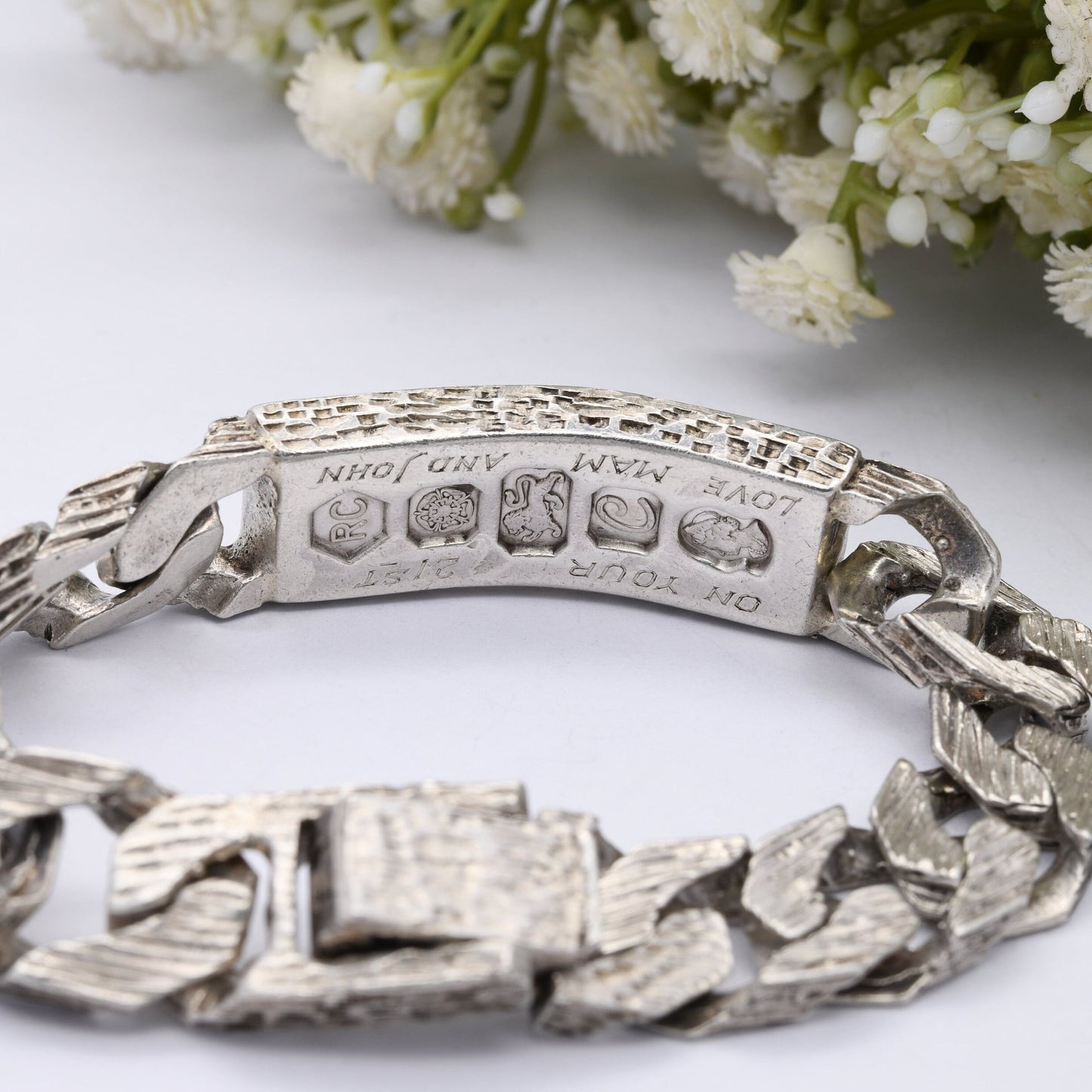 Chunky Sterling Silver Curb Link Chain Identity Bracelet Vintage 1977