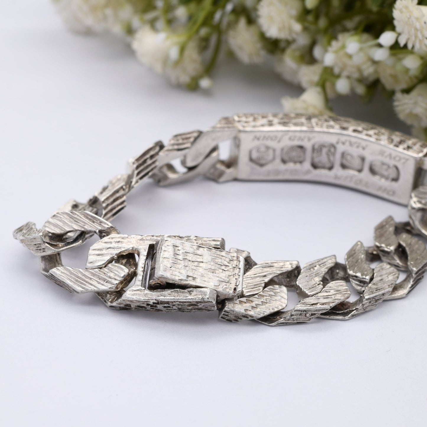 Chunky Sterling Silver Curb Link Chain Identity Bracelet Vintage 1977