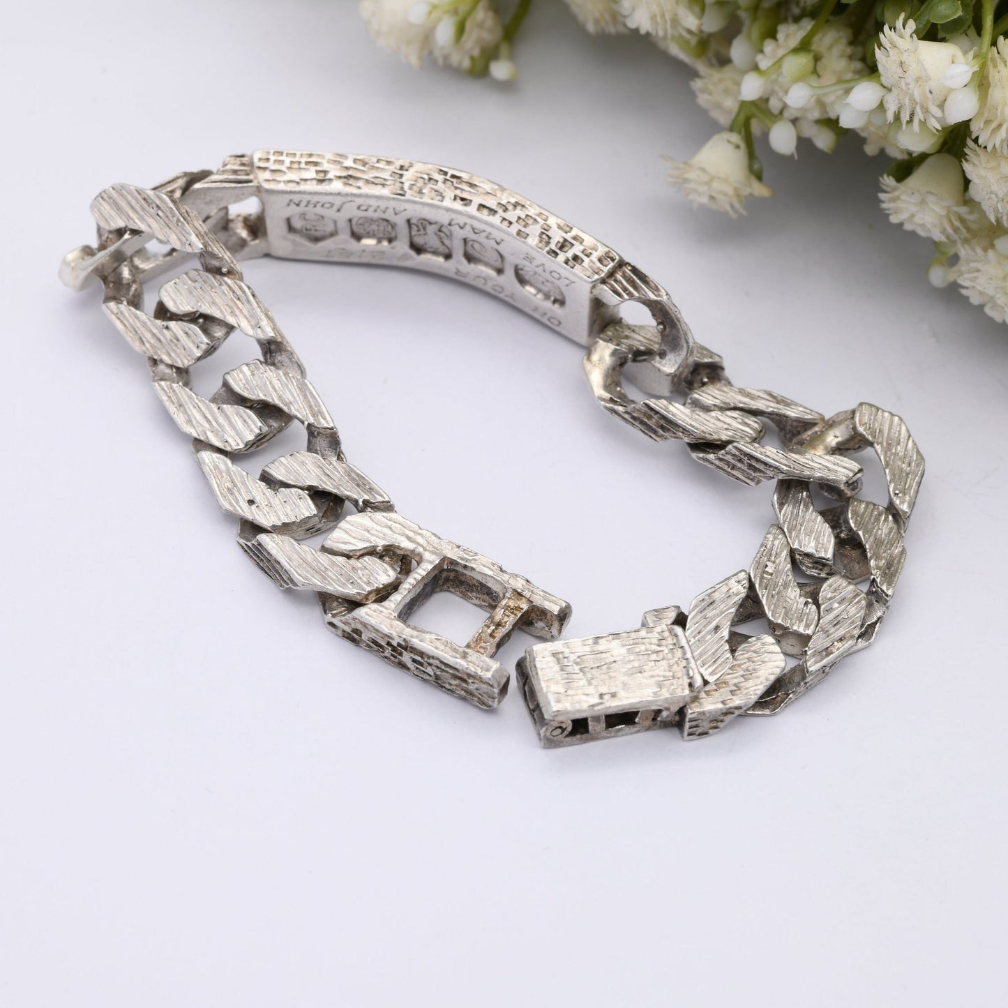 Chunky Sterling Silver Curb Link Chain Identity Bracelet Vintage 1977