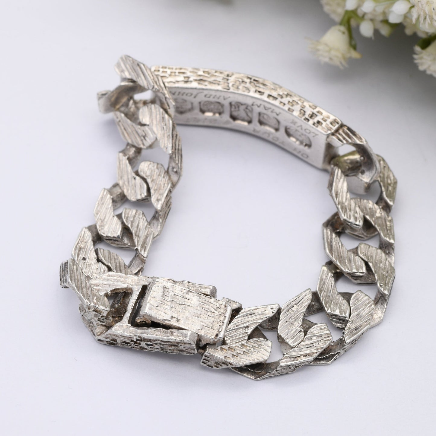 Chunky Sterling Silver Curb Link Chain Identity Bracelet Vintage 1977