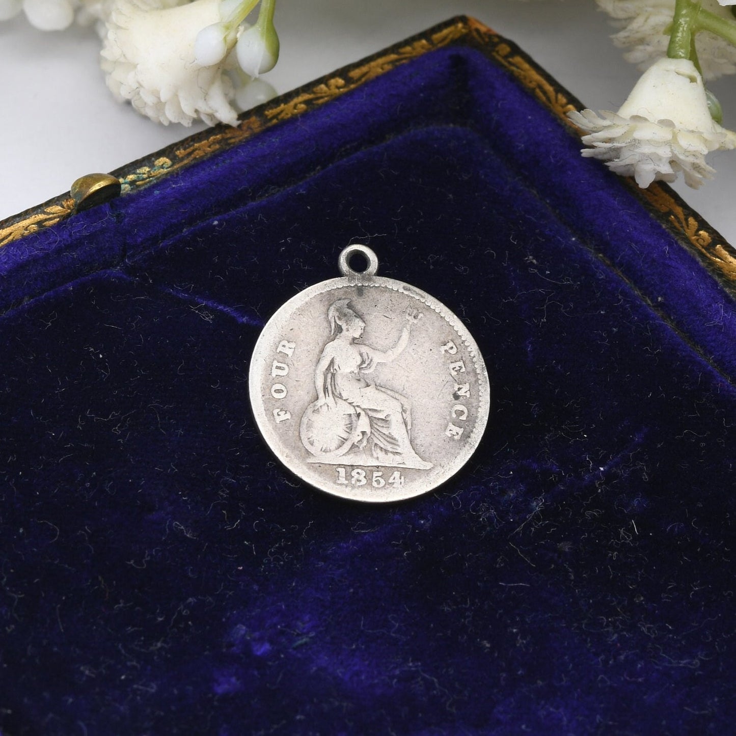 Antique Victorian Sterling Silver Four Pence 1854 Coin Charm Pendant