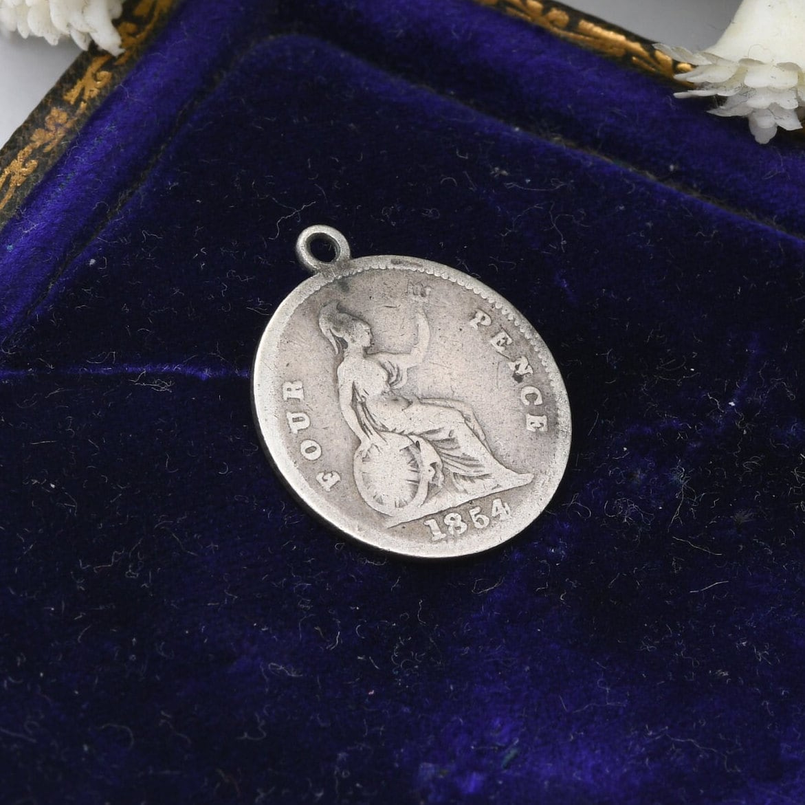 Antique Victorian Sterling Silver Four Pence 1854 Coin Charm Pendant
