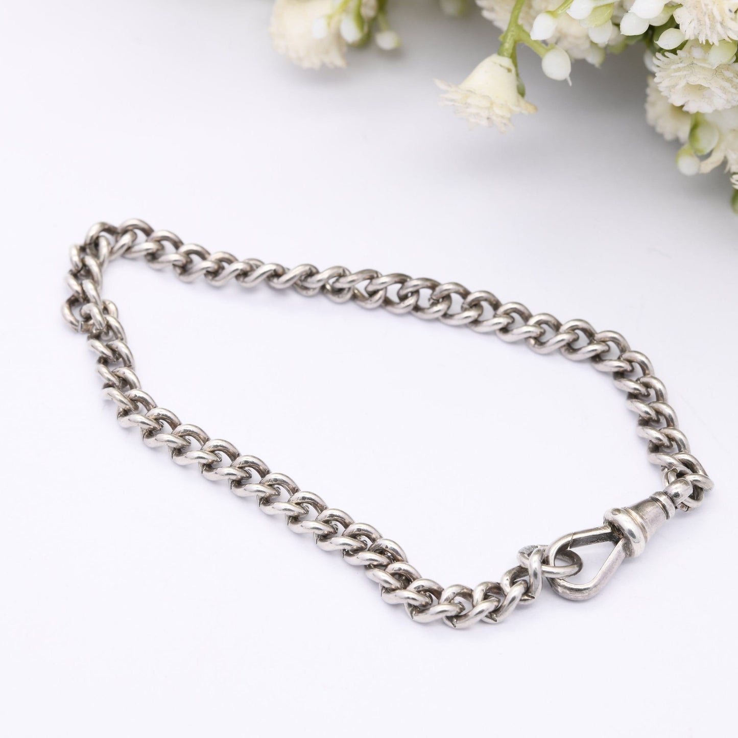 Antique Sterling Silver Curb Link Chain Bracelet with Dog Clip Clasp