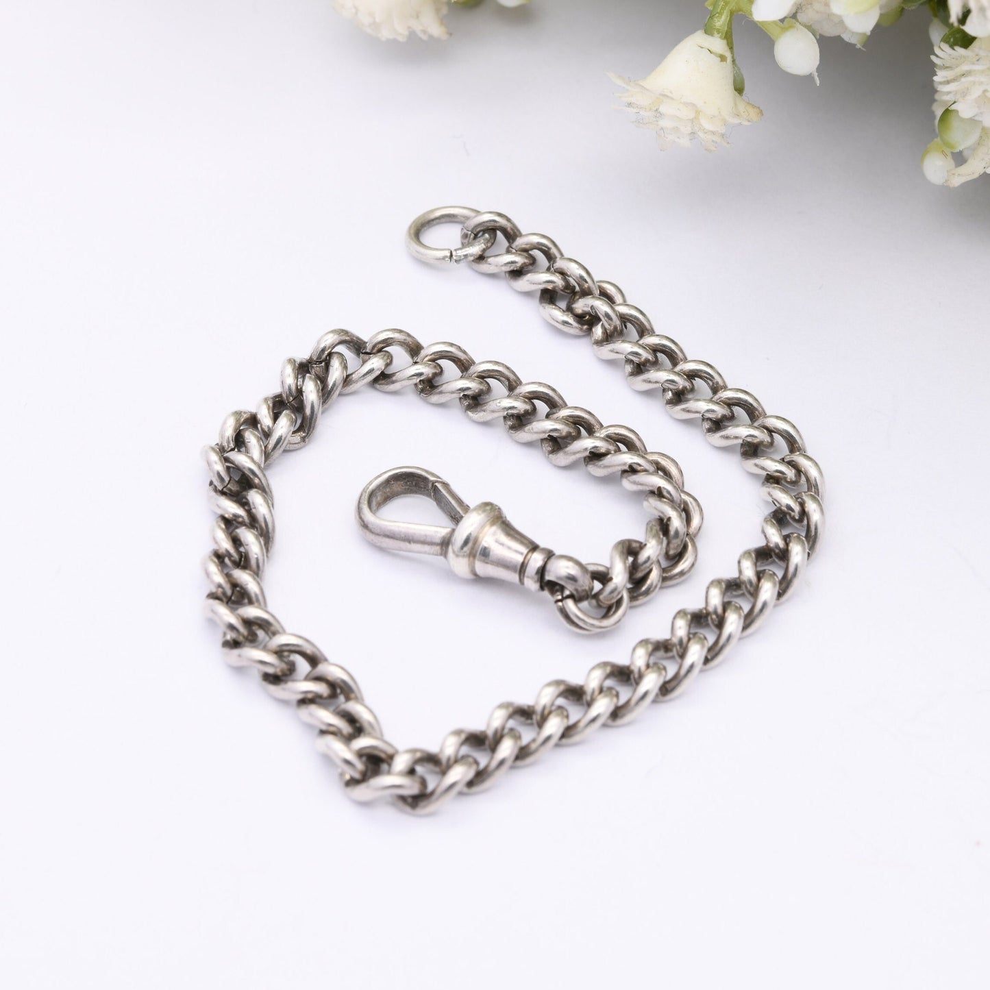 Antique Sterling Silver Curb Link Chain Bracelet with Dog Clip Clasp