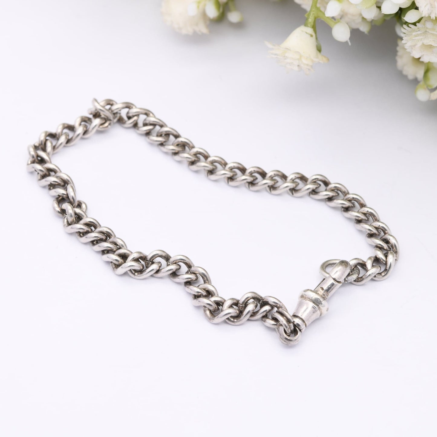 Antique Sterling Silver Curb Link Chain Bracelet with Dog Clip Clasp