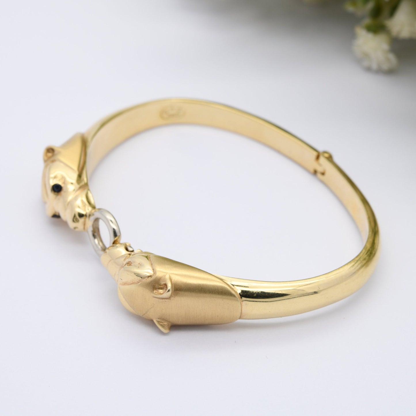 Vintage Panther 14ct Gold Bangle Bracelet with Two Heads Sapphire Eyes