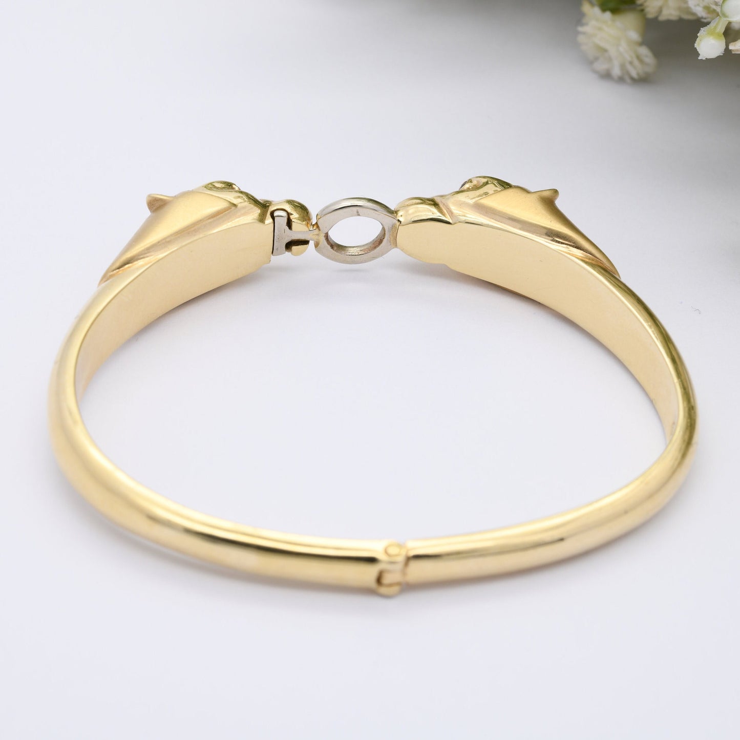 Vintage Panther 14ct Gold Bangle Bracelet with Two Heads Sapphire Eyes
