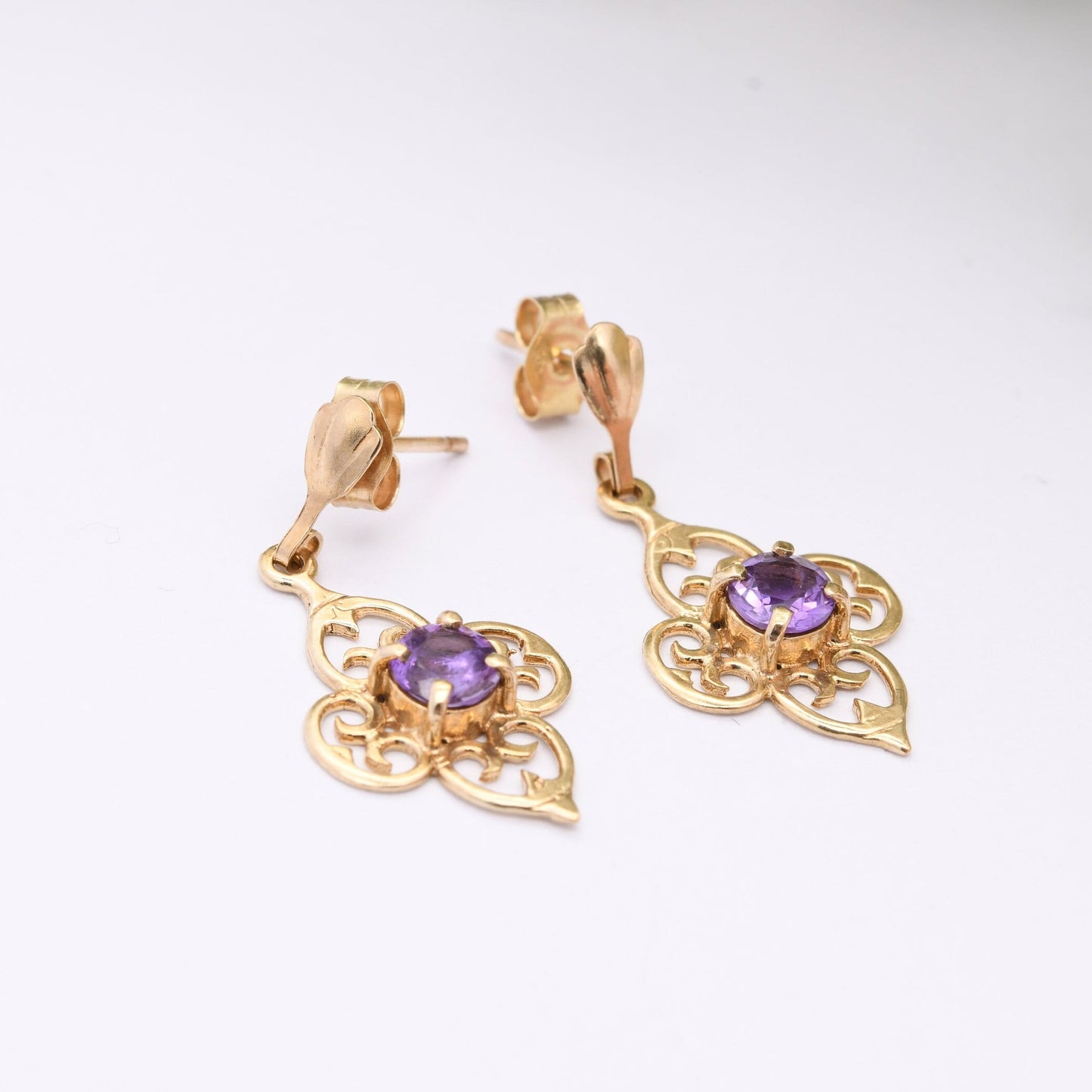 Vintage 9ct Gold Amethyst Drop Earrings with Ornate Openwork Design