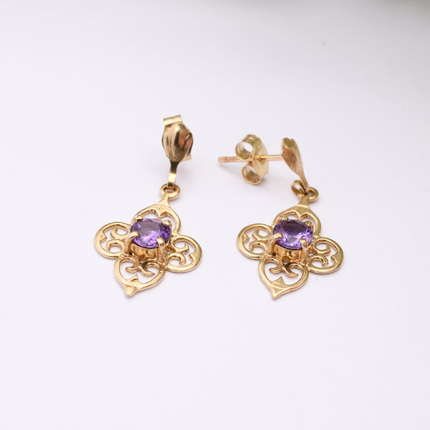Vintage 9ct Gold Amethyst Drop Earrings with Ornate Openwork Design
