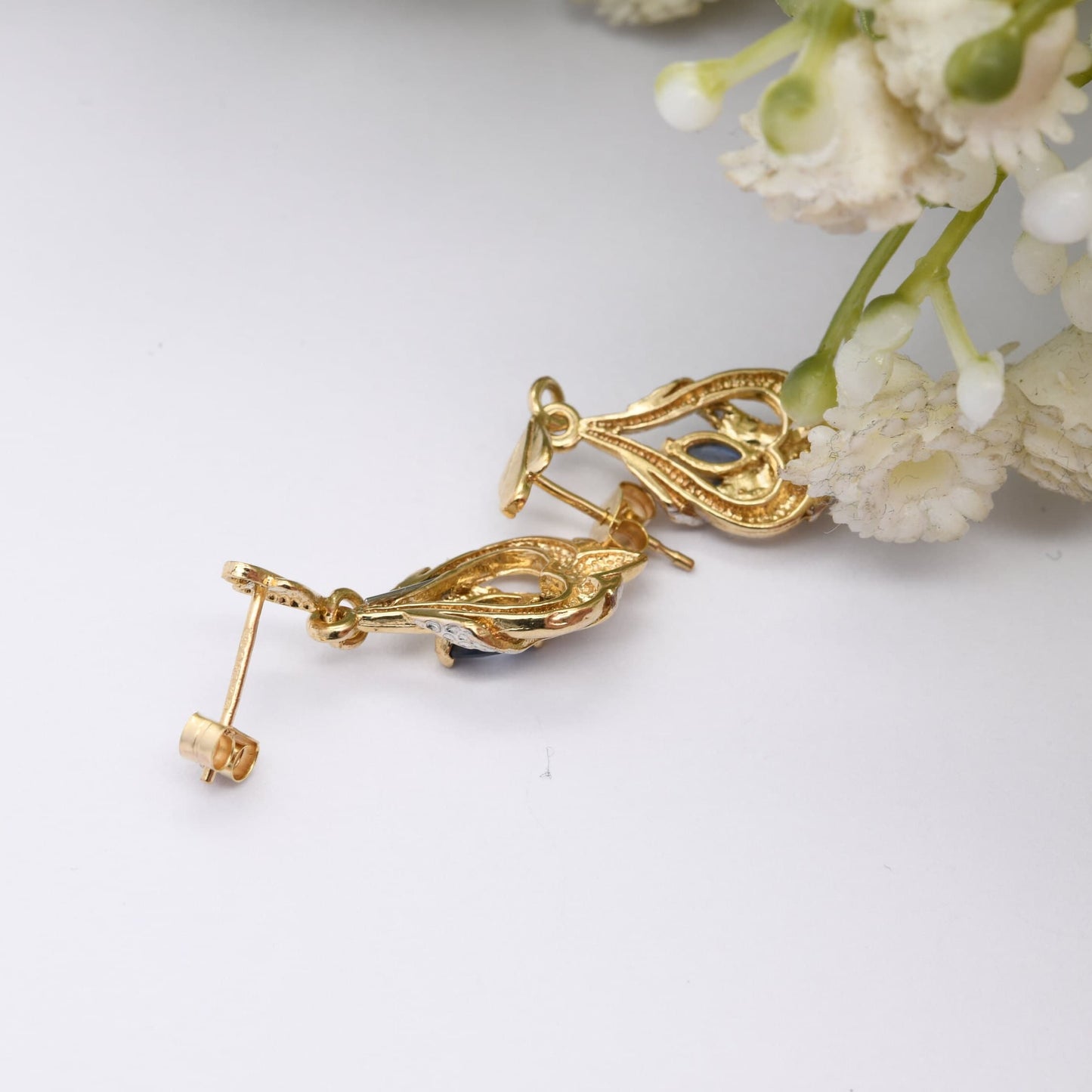 Vintage 9ct Gold Sapphire Diamond Drop Earrings 1994