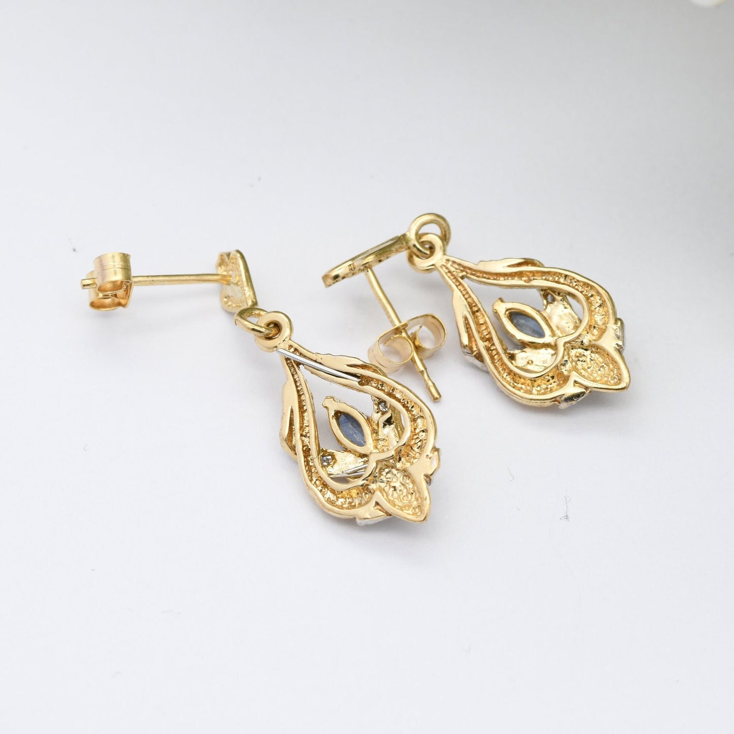 Vintage 9ct Gold Sapphire Diamond Drop Earrings 1994