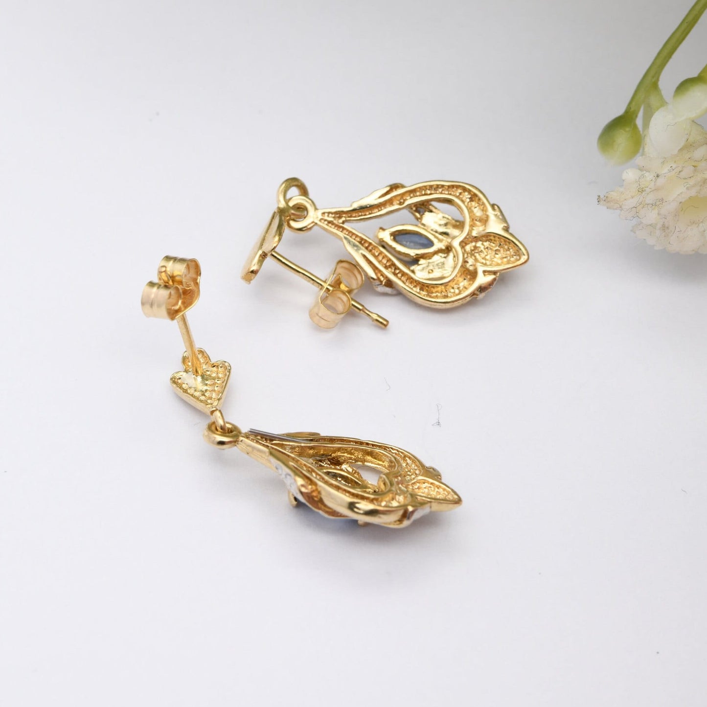 Vintage 9ct Gold Sapphire Diamond Drop Earrings 1994