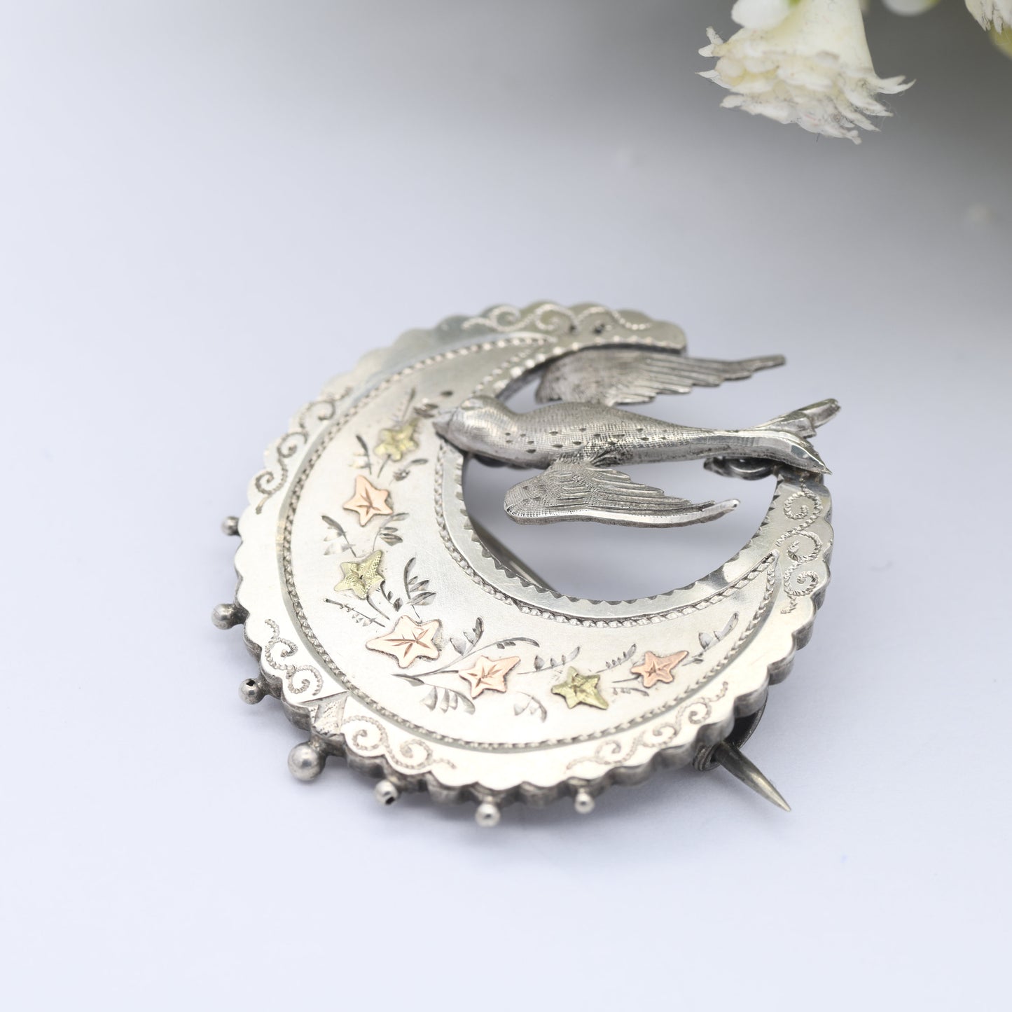 Antique Victorian Sterling Silver Brooch 1889 with Swallow Bird by Payton Pepper & Co - Aesthetic Movement Brooch with Rose Gold Accents