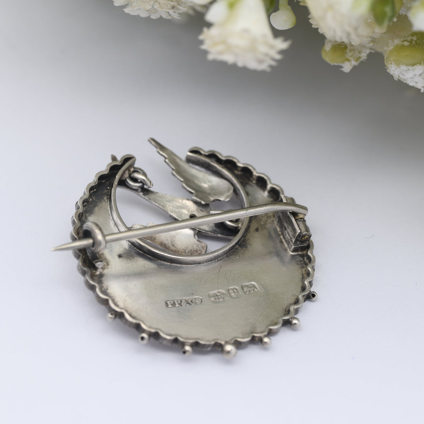 Antique Victorian Sterling Silver Brooch 1889 with Swallow Bird by Payton Pepper & Co - Aesthetic Movement Brooch with Rose Gold Accents