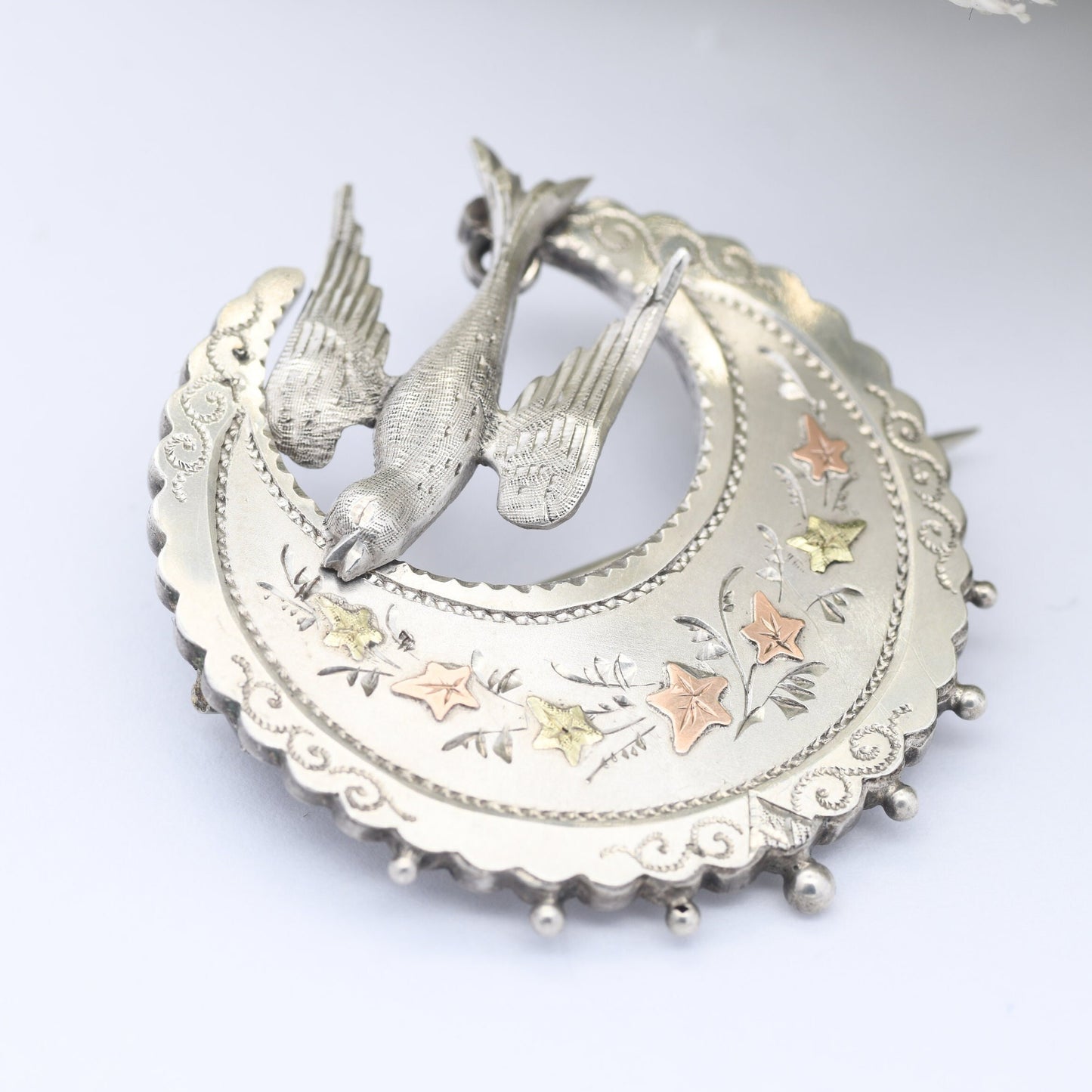Antique Victorian Sterling Silver Brooch 1889 with Swallow Bird by Payton Pepper & Co - Aesthetic Movement Brooch with Rose Gold Accents