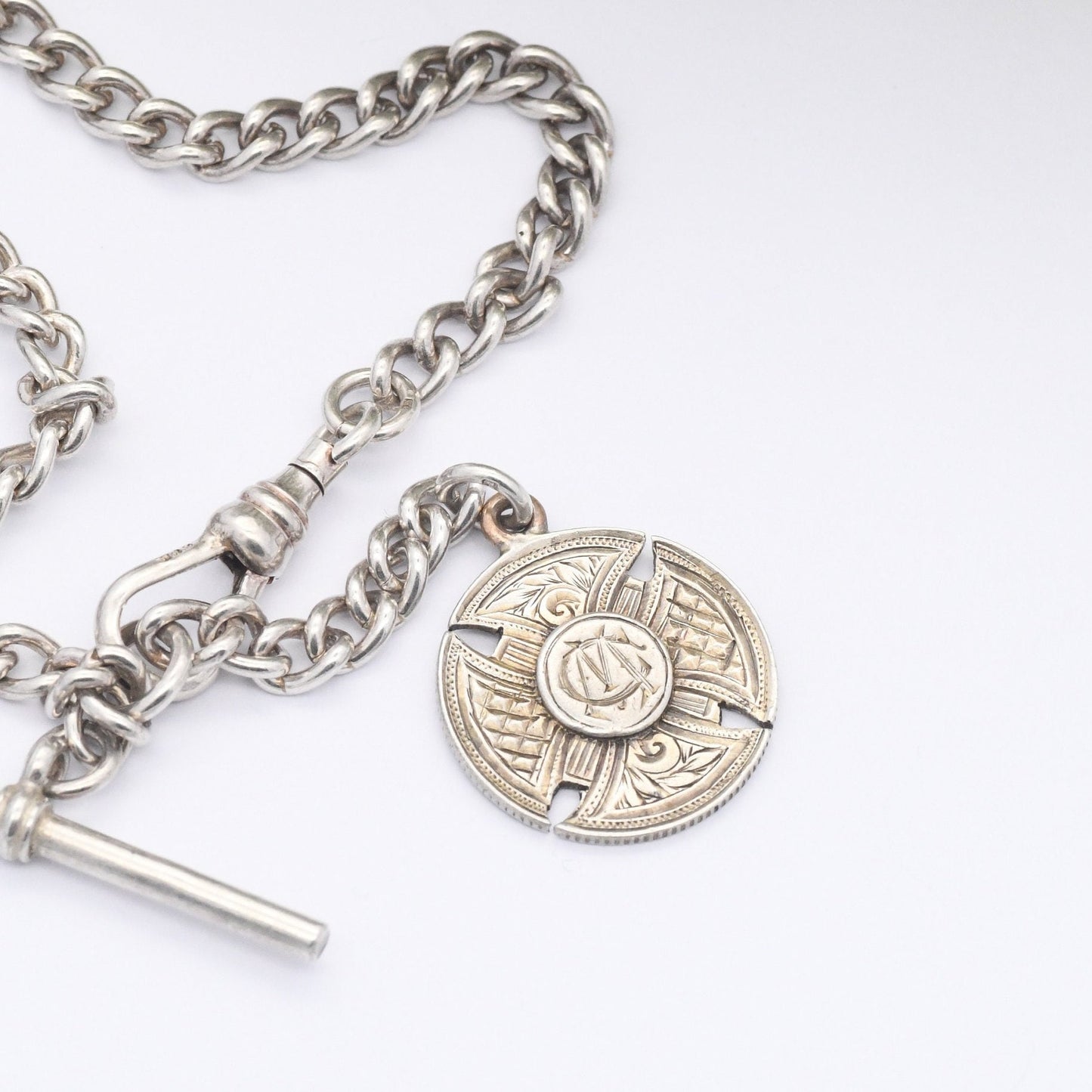 Vintage Sterling Silver Albert Chain with T-Bar & Dog Clip 1975 with Antique 1912 Sixpence Coin Love Token | Victorian Style Watch Chain