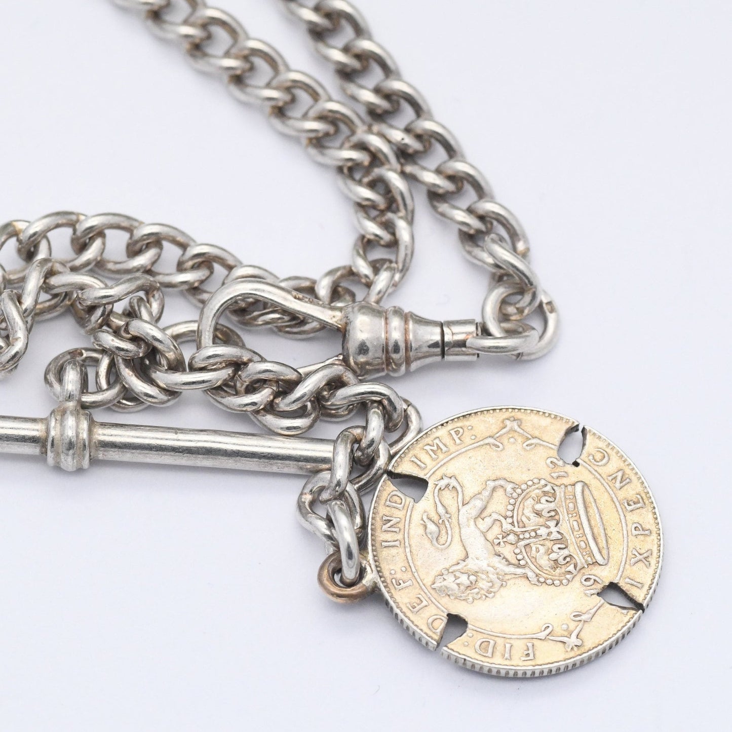 Vintage Sterling Silver Albert Chain with T-Bar & Dog Clip 1975 with Antique 1912 Sixpence Coin Love Token | Victorian Style Watch Chain