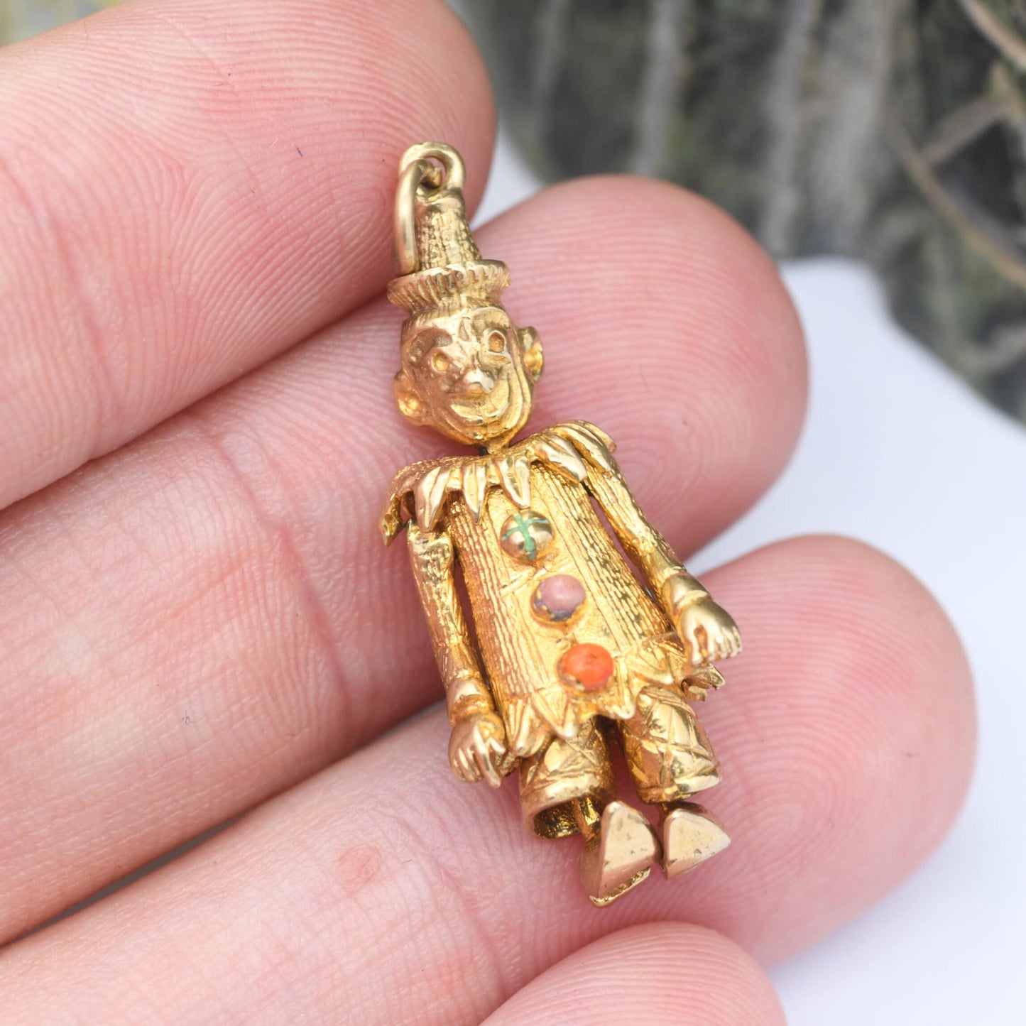 Vintage 9ct Gold Clown Charm Pendant by Fred Manshaw 1969 - Articulated Clown | Moving Limbs | Colourful Enamel Buttons