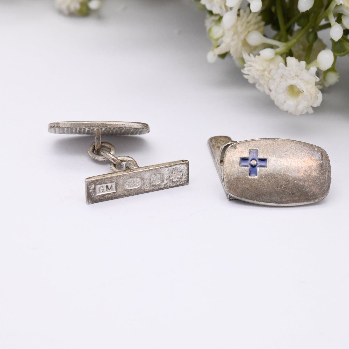 Vintage Scottish Sterling Silver Cufflinks with Enamel Blue Cross