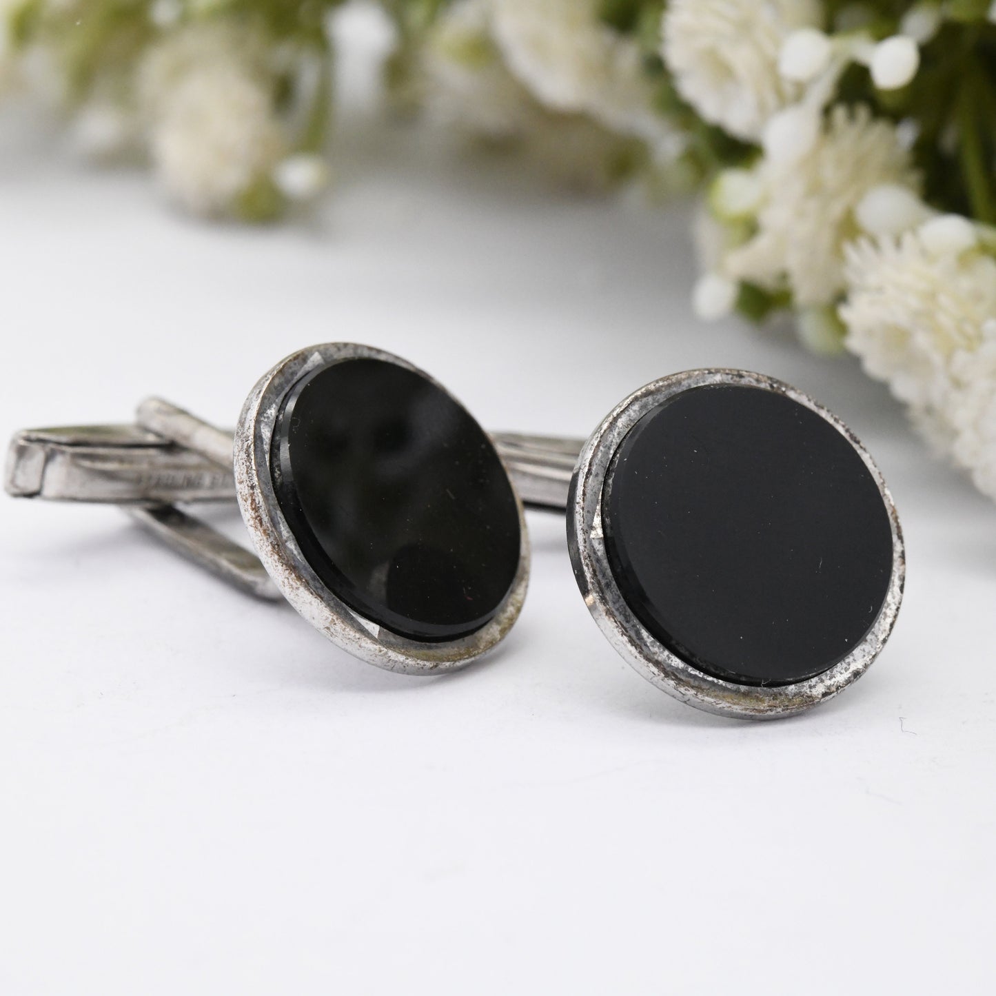 Vintage Sterling Silver Onyx Cufflinks 1977 by John Ashford and Son JA&S