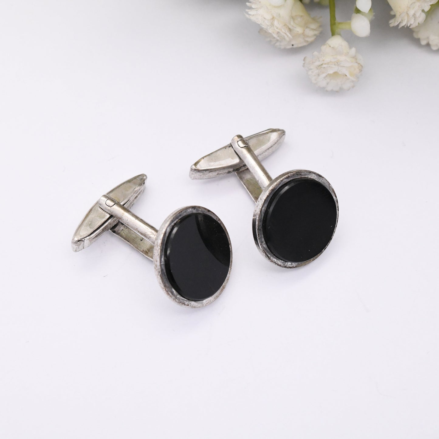 Vintage Sterling Silver Onyx Cufflinks 1977 by John Ashford and Son JA&S