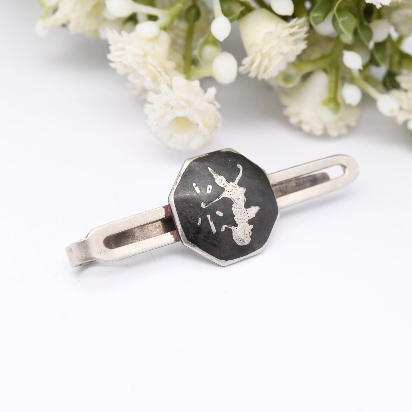 Vintage Siam Silver Tie Slide with Mekhala Goddess of Lightening Black Niello