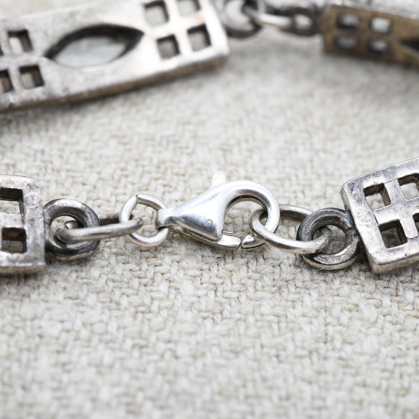 Vintage Scottish Sterling Silver Celtic Panel Link Bracelet with Blue Stones 1999