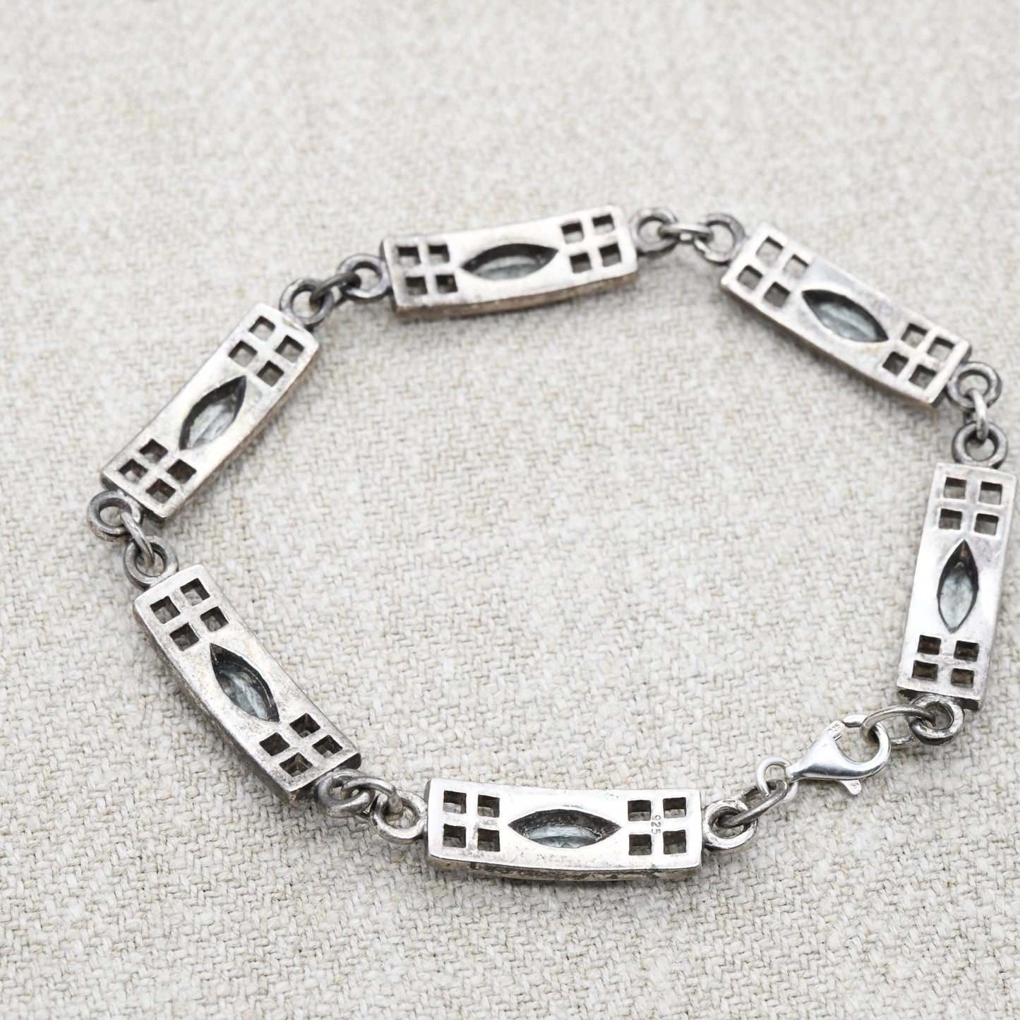 Vintage Scottish Sterling Silver Celtic Panel Link Bracelet with Blue Stones 1999