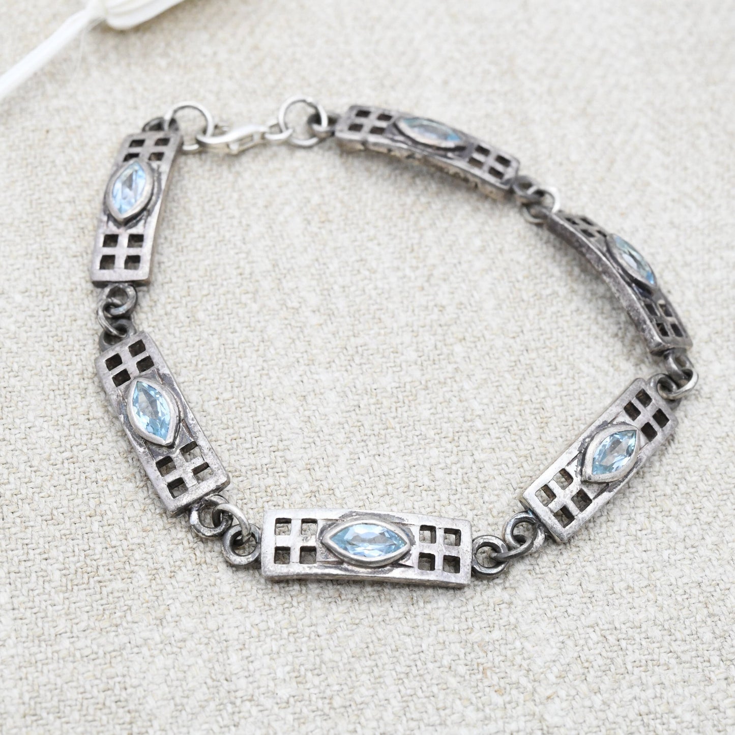 Vintage Scottish Sterling Silver Celtic Panel Link Bracelet with Blue Stones 1999