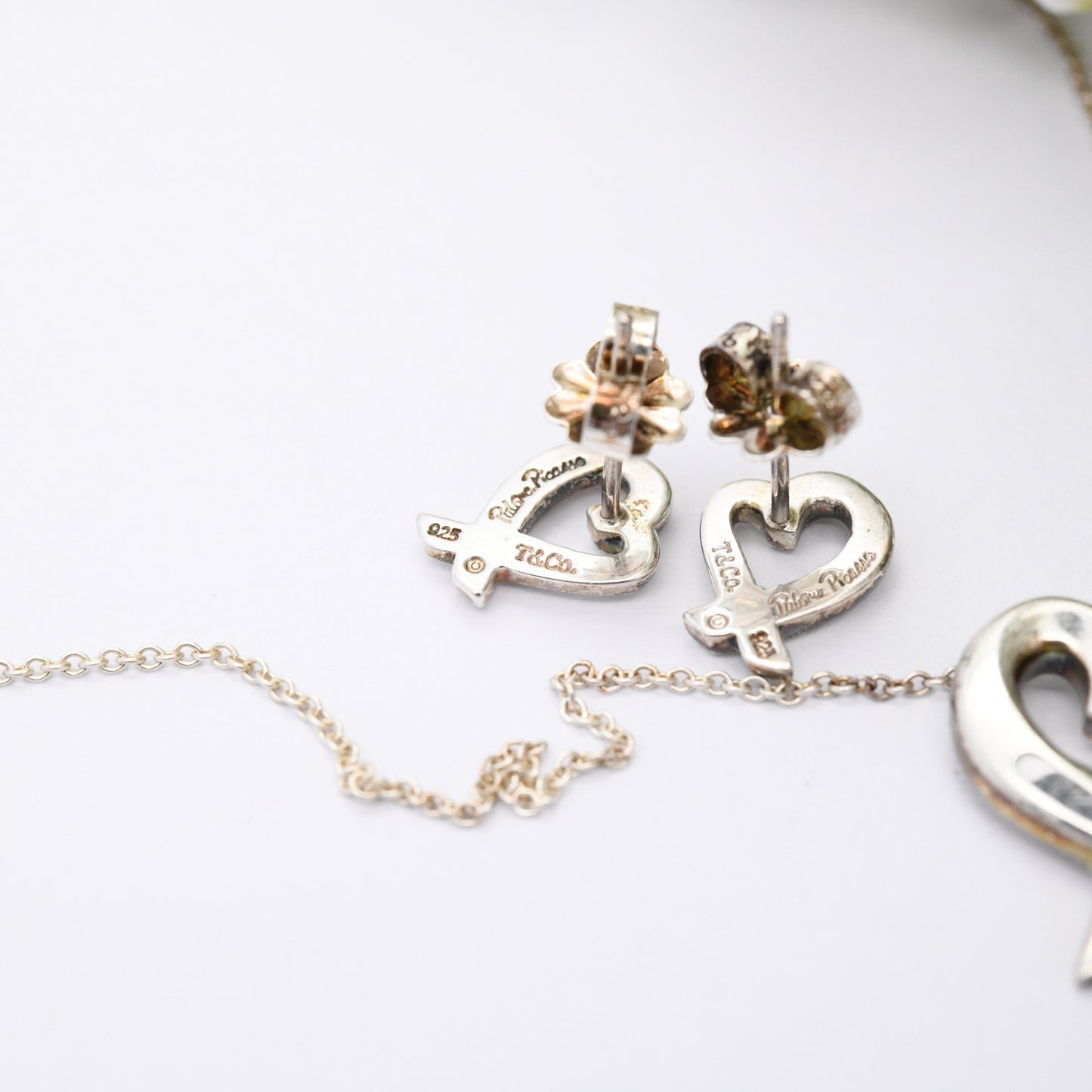 Tiffany & Co Paloma Picasso Loving Heart Pendant and Earrings Sterling Silver Jewellery Set - Signed Designer Jewellery