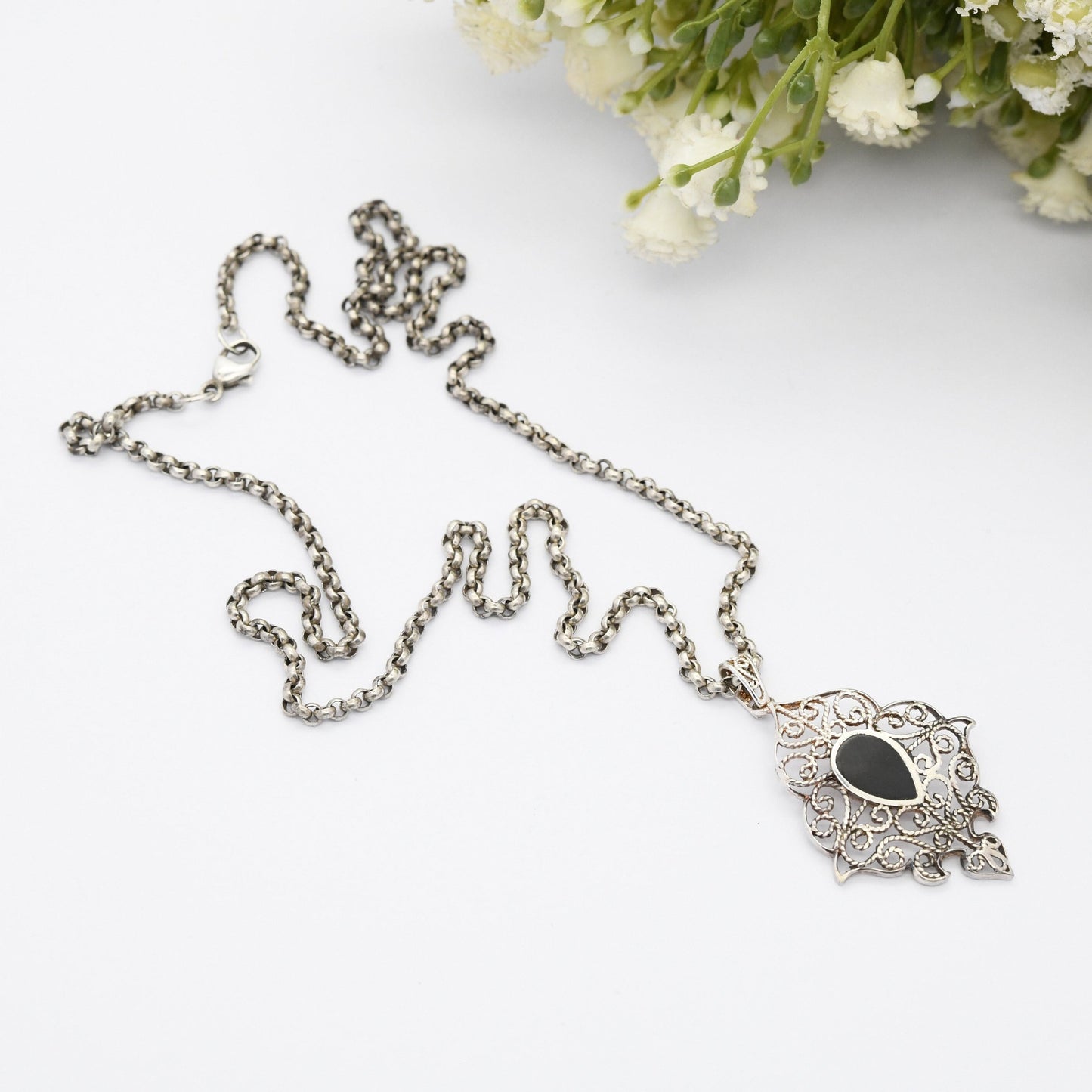 Vintage Sterling Silver Onyx Pendant Necklace - Ornate Openwork Filigree Design