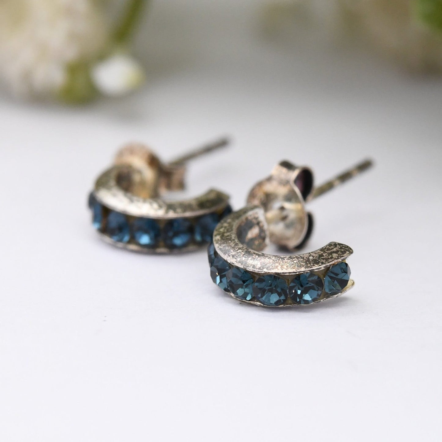 Sterling Silver C Hoop Stud Earrings with Blue Stones