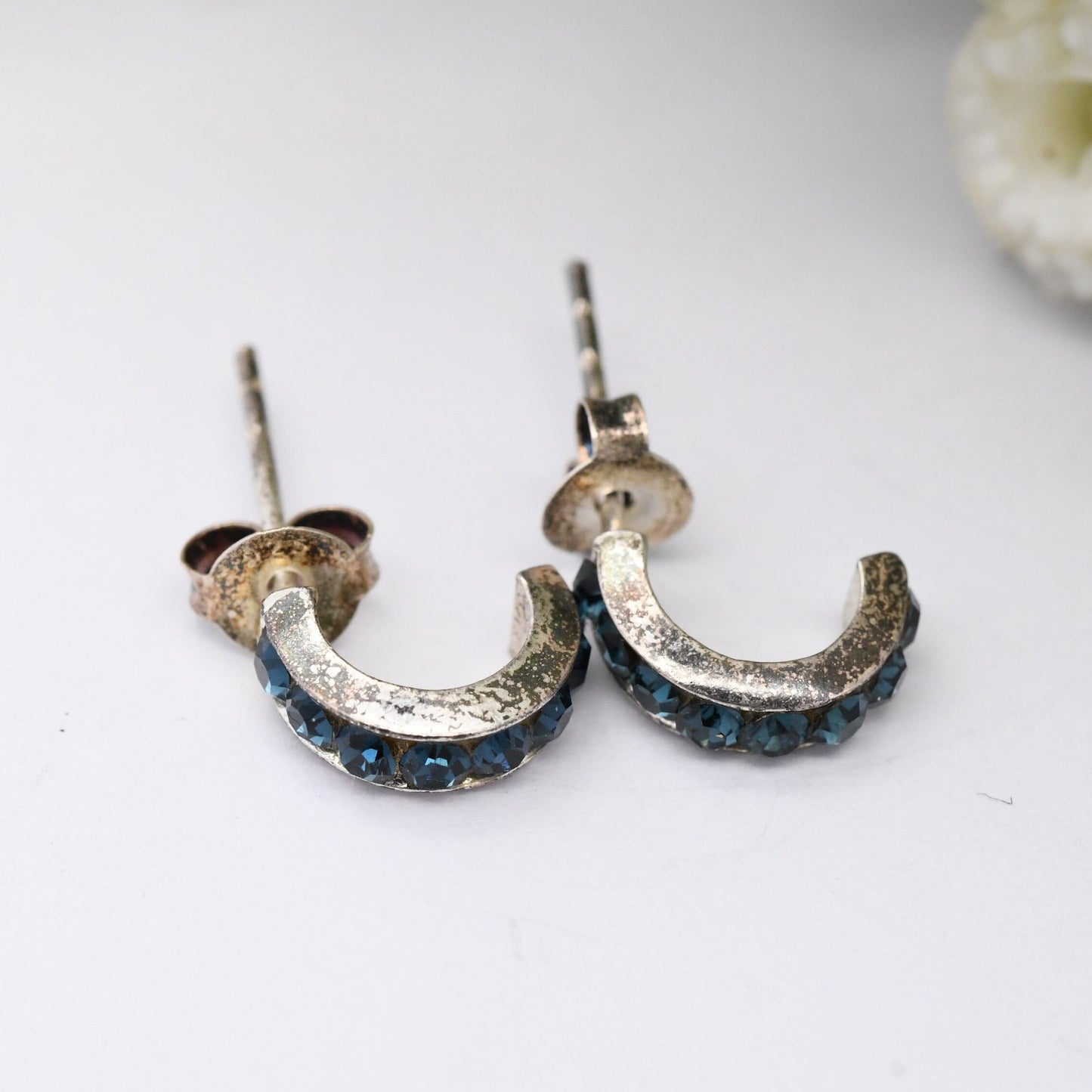 Sterling Silver C Hoop Stud Earrings with Blue Stones