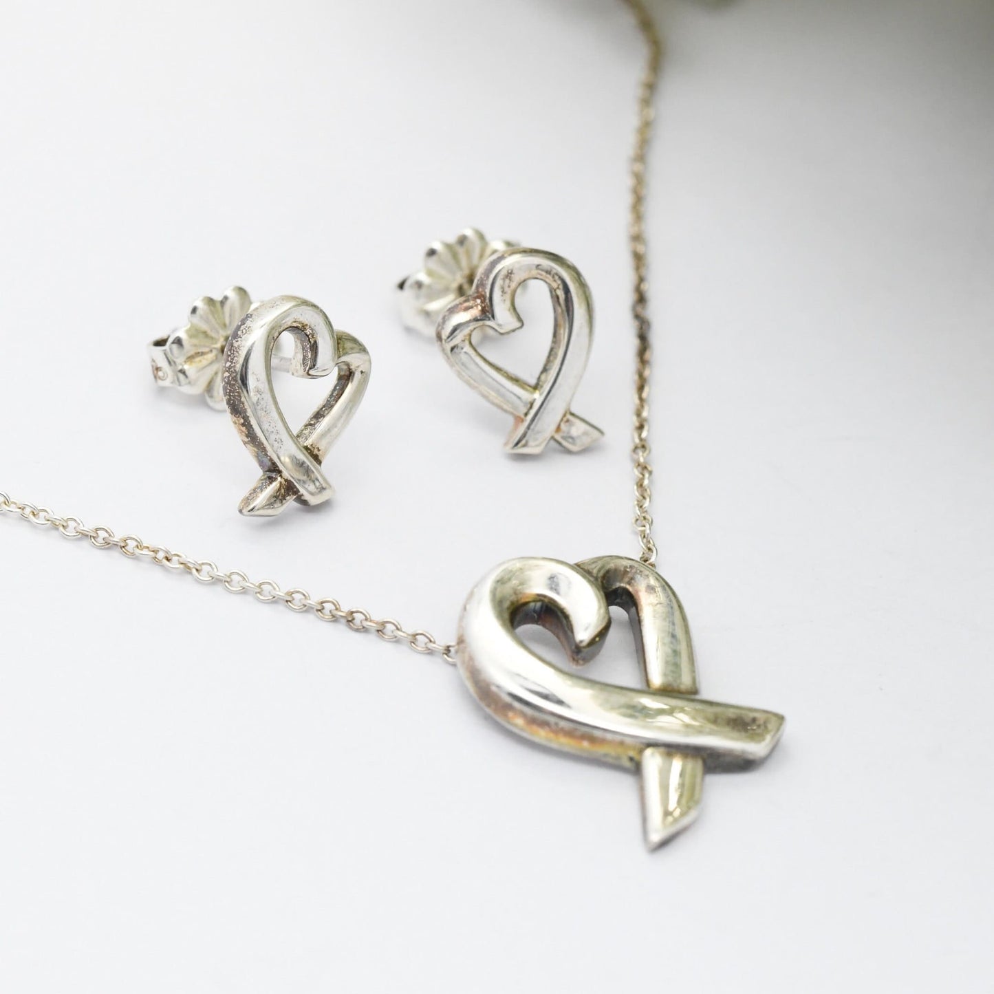 Tiffany & Co Paloma Picasso Loving Heart Pendant and Earrings Sterling Silver Jewellery Set - Signed Designer Jewellery