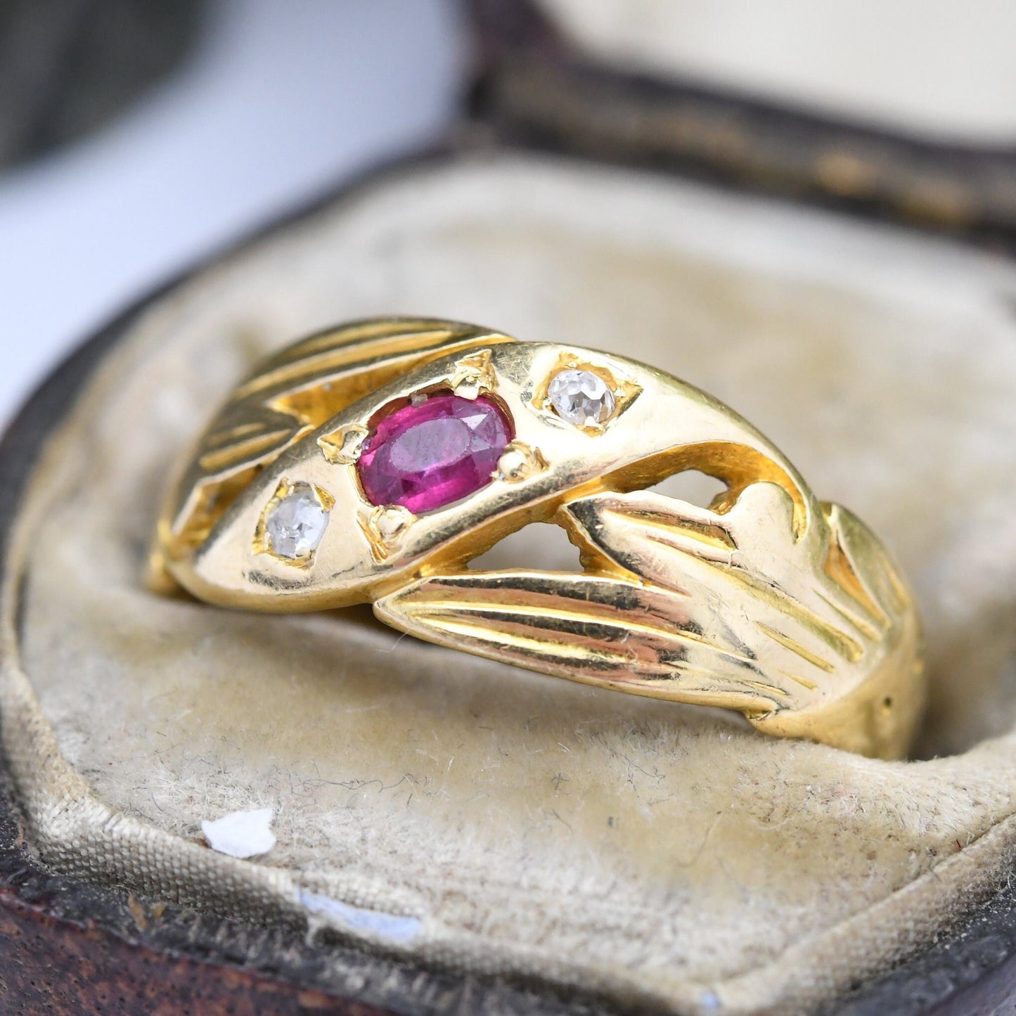 Antique 18ct Gold Ruby Diamond Three Stone Ring - Unusual Victorian Gypsy Ring | UK Size - M | US Size - 6 1/4