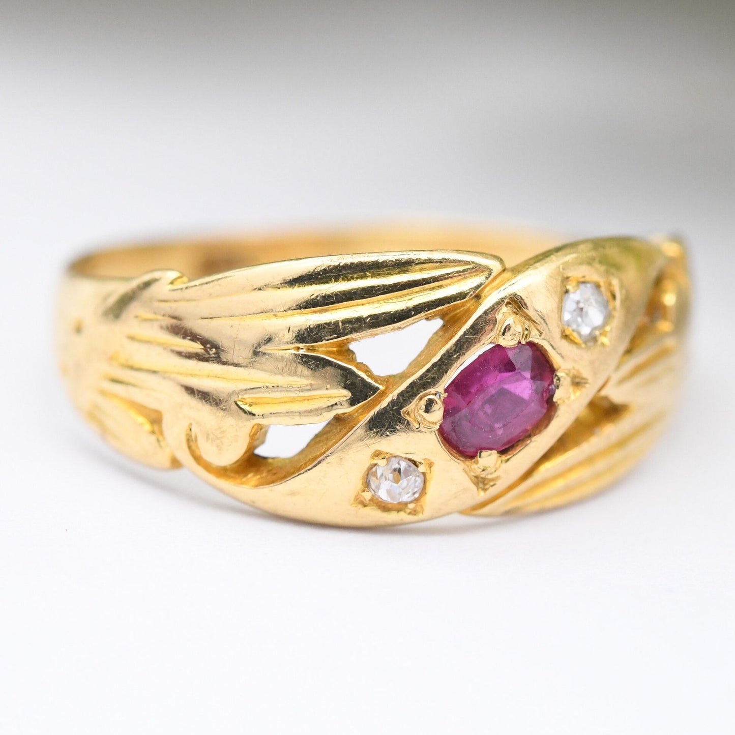 Antique 18ct Gold Ruby Diamond Three Stone Ring - Unusual Victorian Gypsy Ring | UK Size - M | US Size - 6 1/4