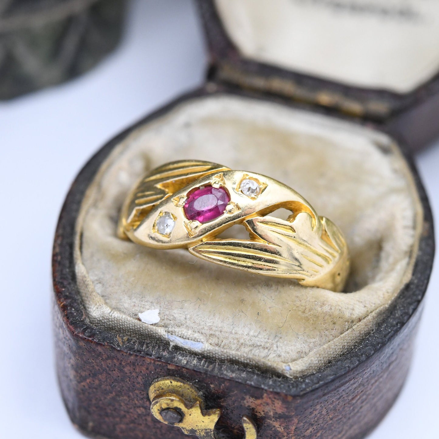 Antique 18ct Gold Ruby Diamond Three Stone Ring - Unusual Victorian Gypsy Ring | UK Size - M | US Size - 6 1/4