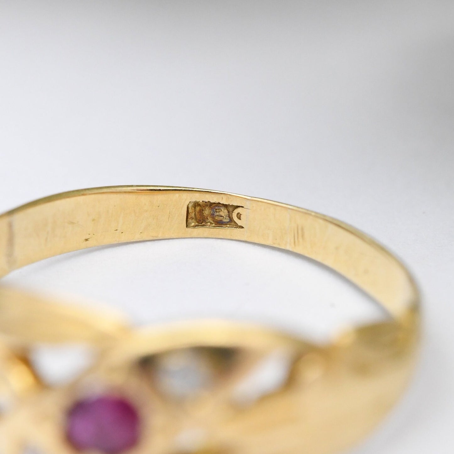 Antique 18ct Gold Ruby Diamond Three Stone Ring - Unusual Victorian Gypsy Ring | UK Size - M | US Size - 6 1/4