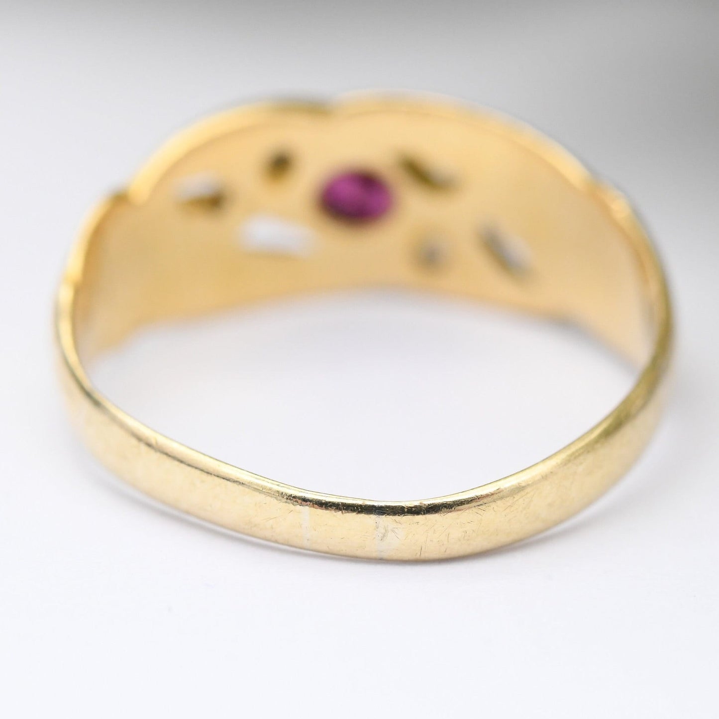 Antique 18ct Gold Ruby Diamond Three Stone Ring - Unusual Victorian Gypsy Ring | UK Size - M | US Size - 6 1/4