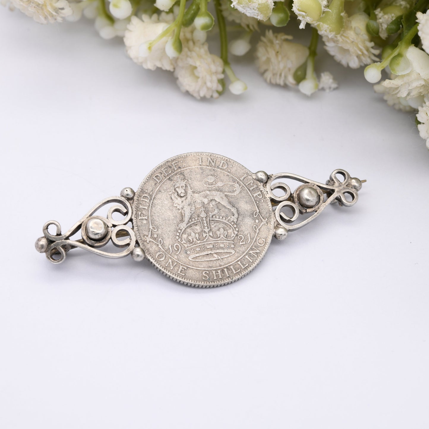 Antique Silver George V 1921 One Shilling Coin Brooch - Unusual Ornate Mount | Silver Coin Jewellery