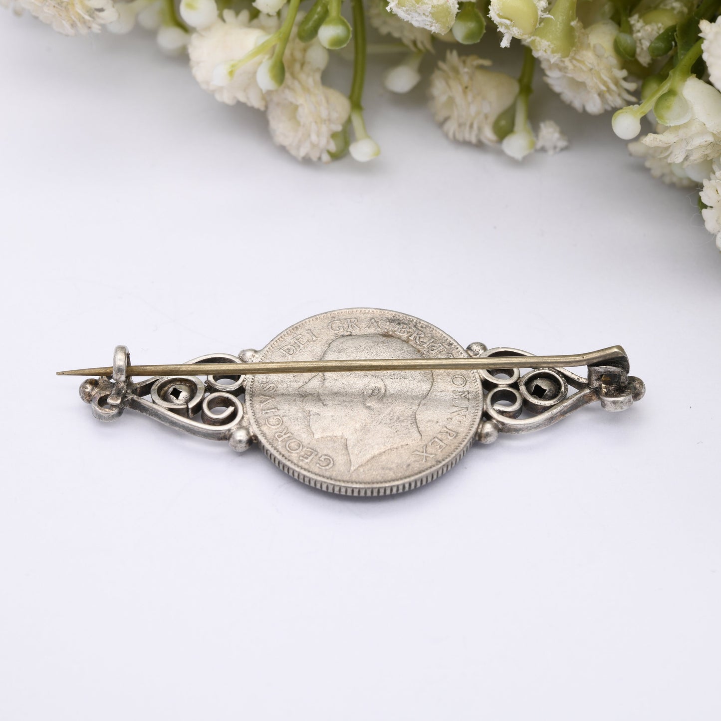 Antique Silver George V 1921 One Shilling Coin Brooch - Unusual Ornate Mount | Silver Coin Jewellery