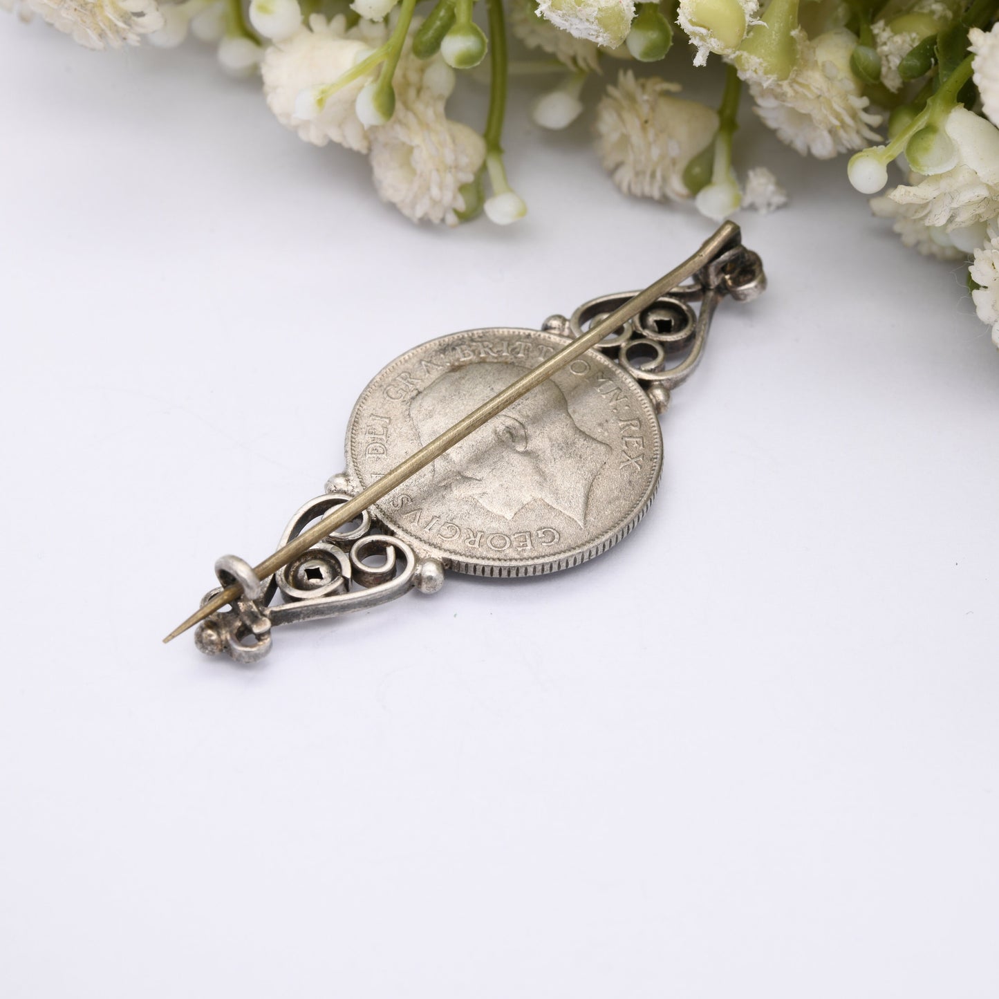 Antique Silver George V 1921 One Shilling Coin Brooch - Unusual Ornate Mount | Silver Coin Jewellery