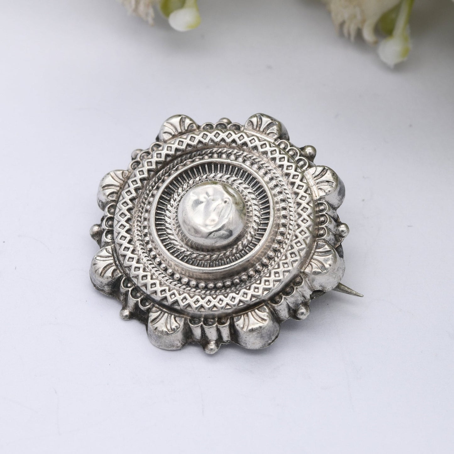 Antique Victorian Sterling Silver Brooch 1886 - Victorian Aesthetic Etruscan Revival | Textured Circle with Granulation