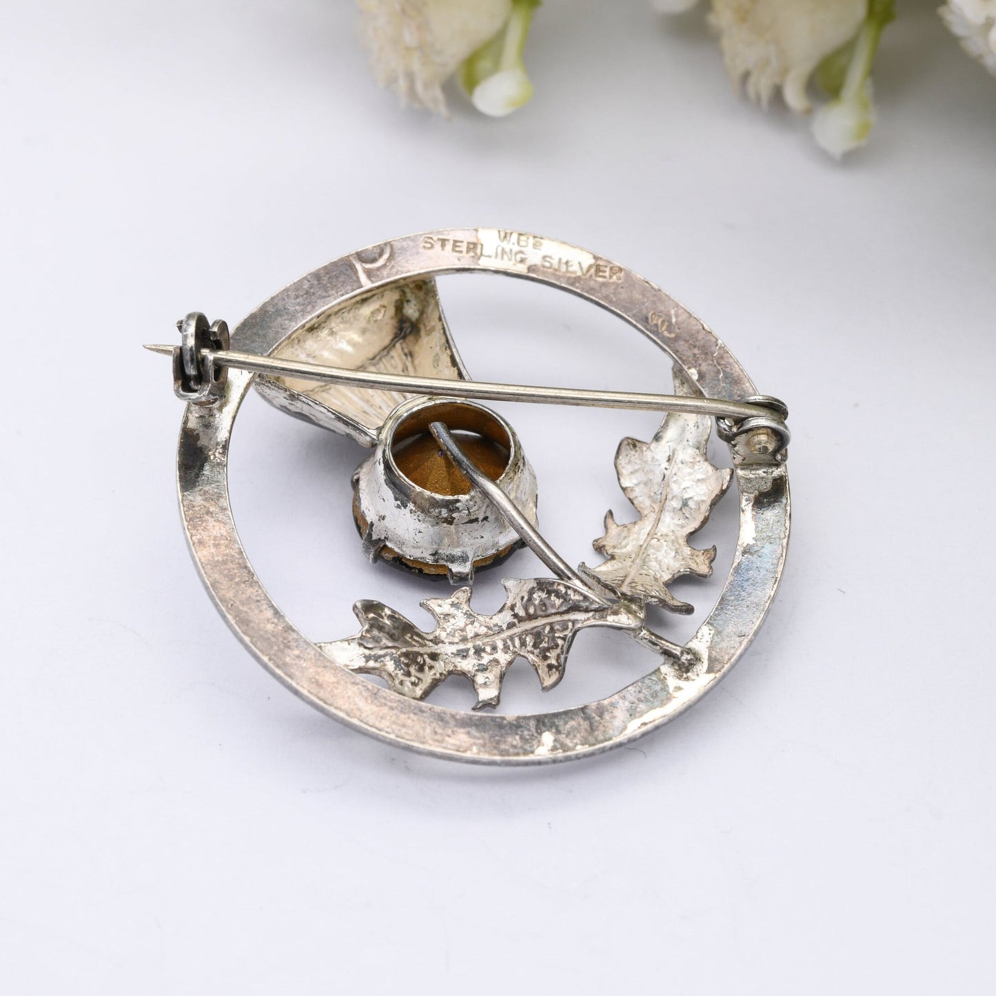 Vintage Ward Brothers Sterling Silver Scottish Thistle Brooch - Purple Amethyst Paste Stone