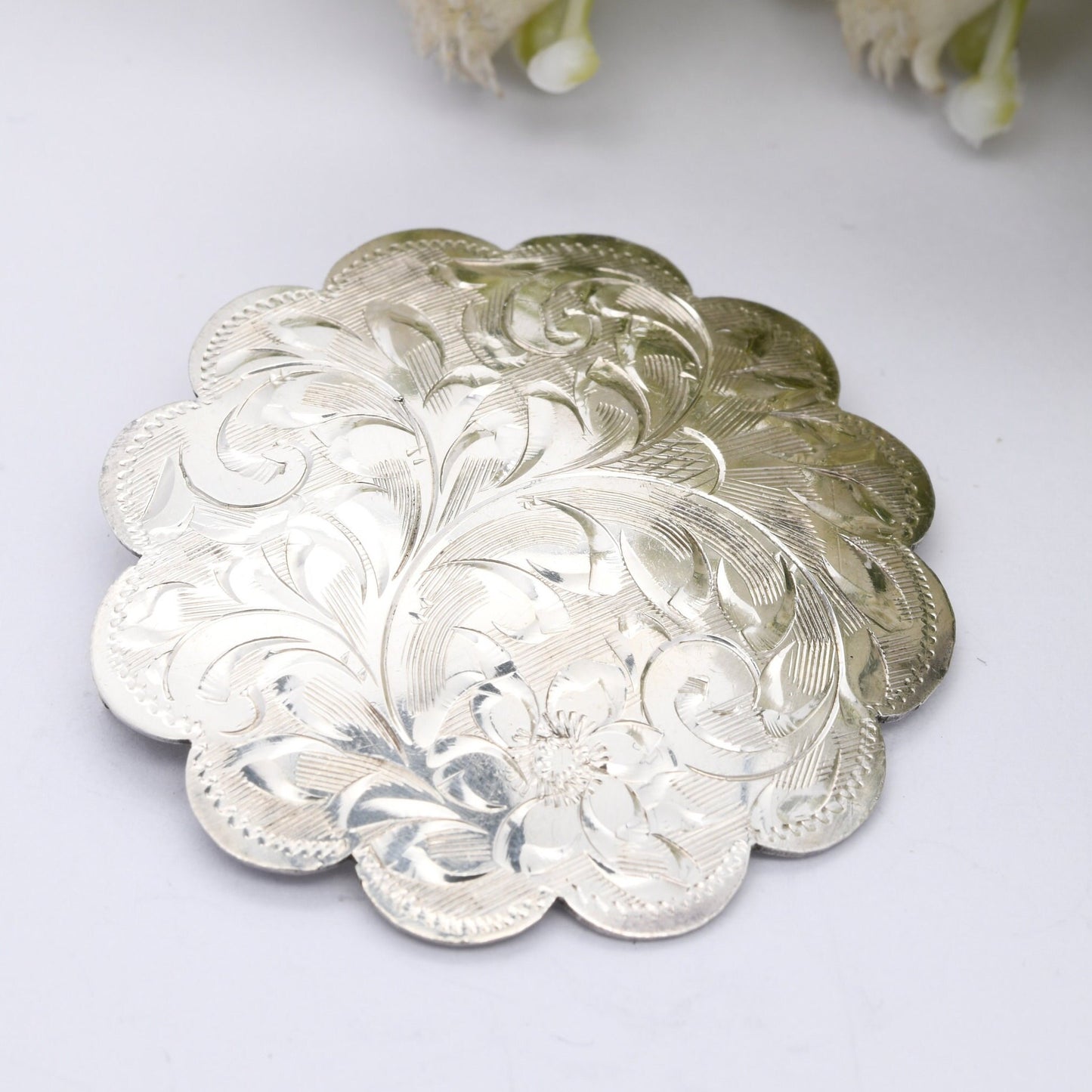 Vintage Sterling Silver Engraved Floral Scrolling Brooch - Floral Victorian Style Jewellery